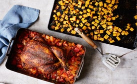 Pollo Asado con Albaricoques y Calabaza Butternut con Menta y Salvia